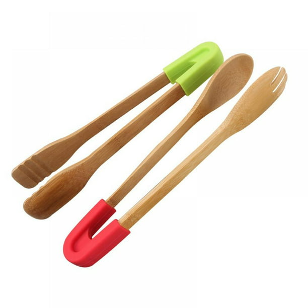 Set of 2 Wooden Kitchen Cooking Tongs 8" Best for Bread Toast Bacon Vegetables 